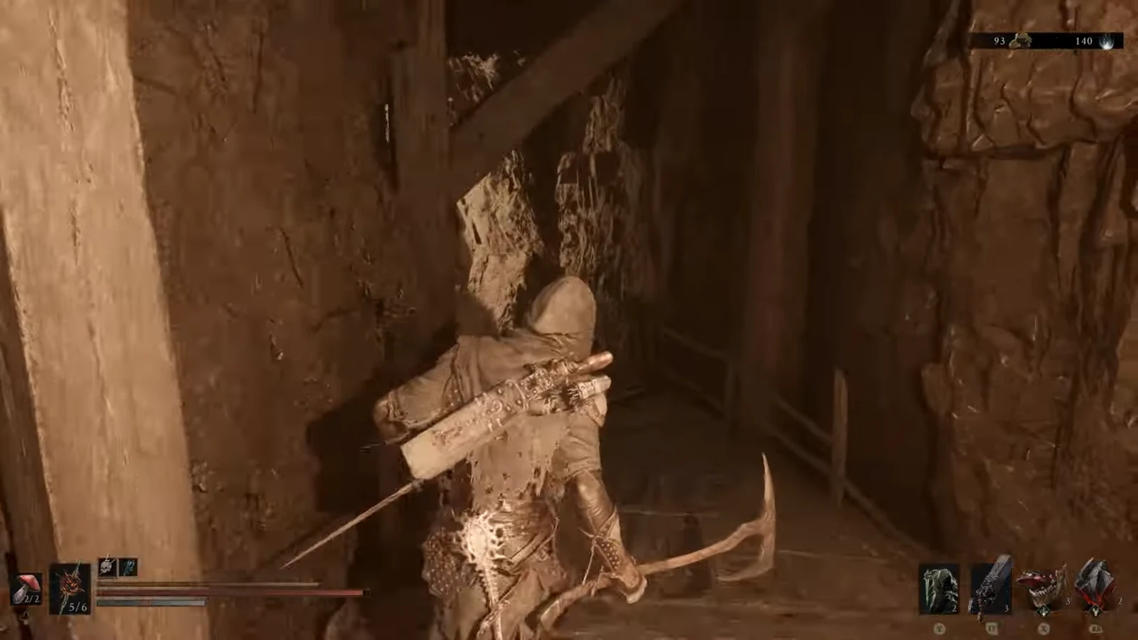 Hooded character with a bow walking through a narrow cave corridor