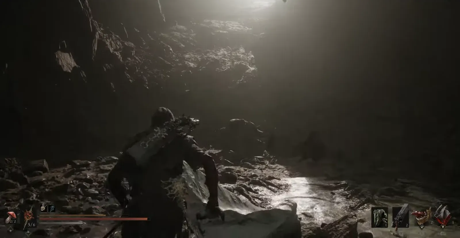 Hooded character sprinting through a dark cavern after taking an item