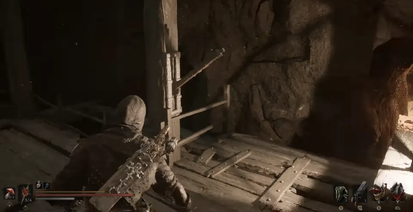 Hooded character running across a wooden platform toward the cave exit