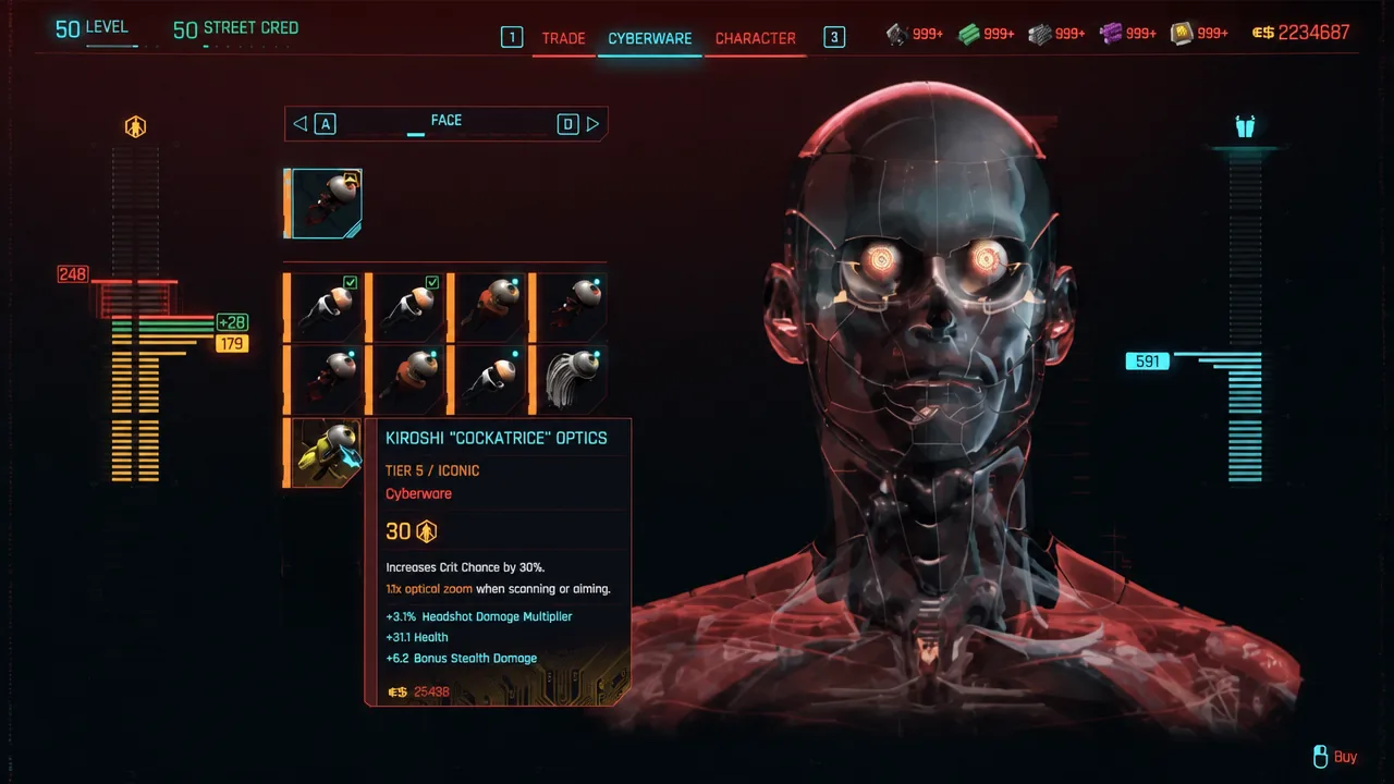 Cyberpunk 2077 Face Cyberware slots