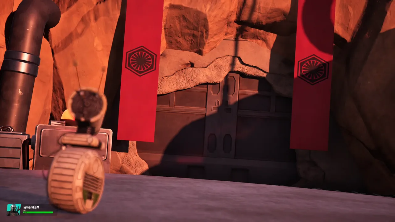 The sealed door under the red banners marks the D-O event area where the defense console sits.