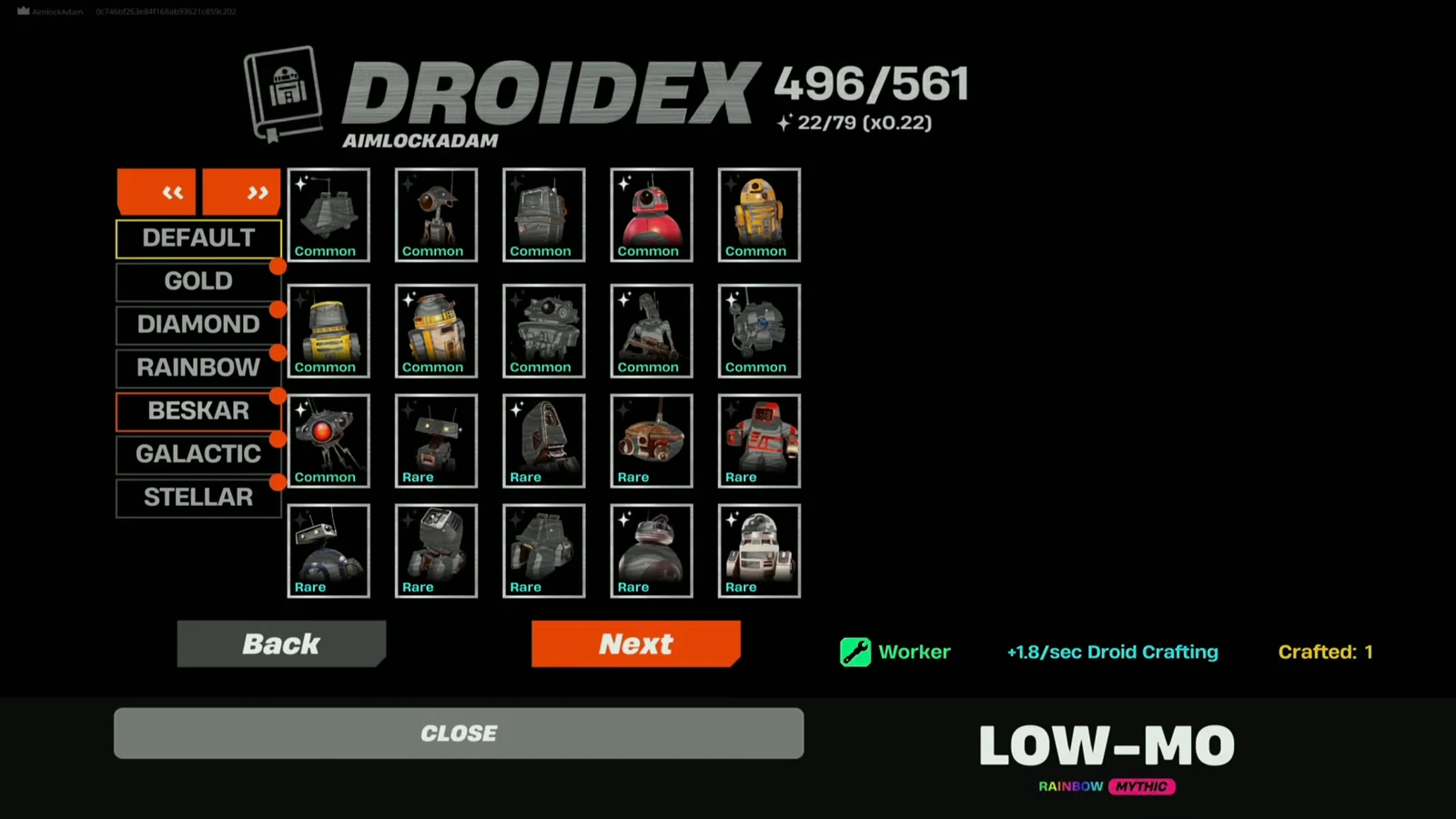 Droidex Beskar category open with the LOW-MO Rainbow Mythic droid selected