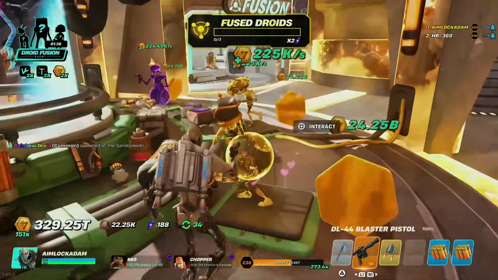 Fused Droids objective on screen as a player nears a droid with Interact