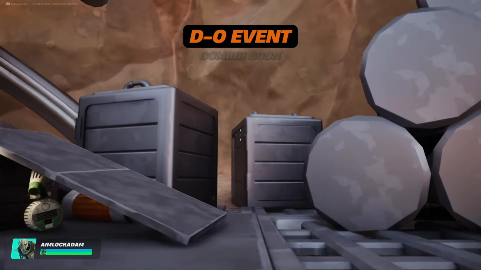D-O Event Coming Soon banner above crates and debris on the outpost