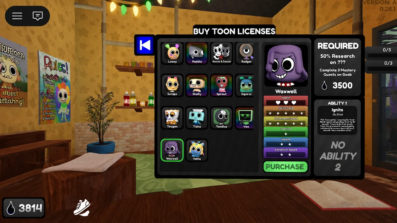 Dandy's shop Buy Toon Licenses menu with Waxwell selected and the Purchase button visible