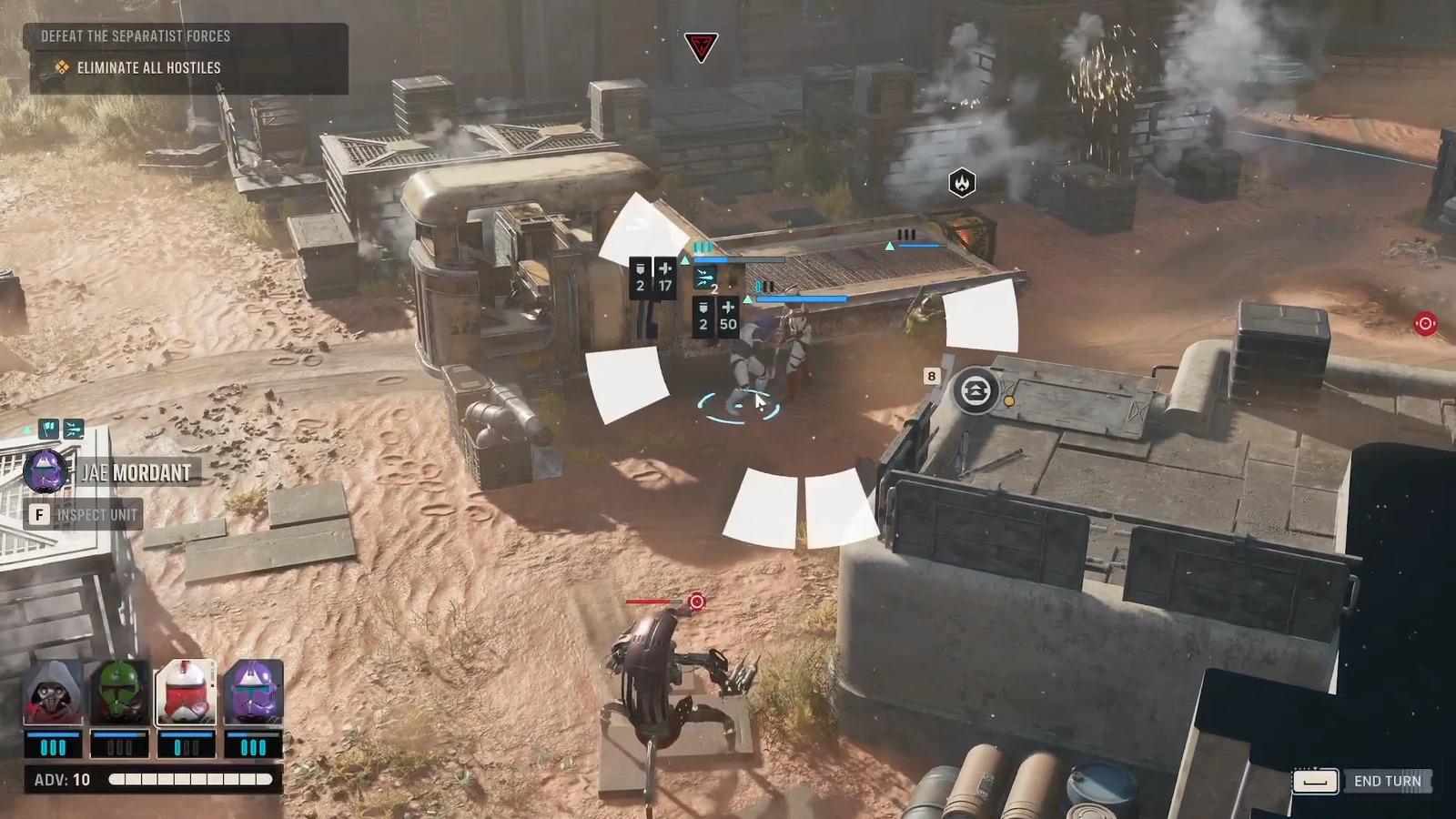 Tactical battle screen showing the Eliminate All Hostiles objective with Jae Mordant selected