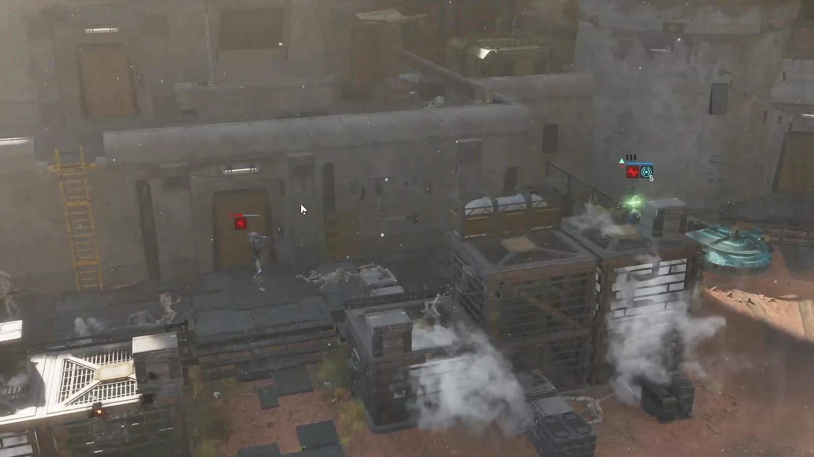 Rooftop combat view with a marked enemy and a green highlighted objective point