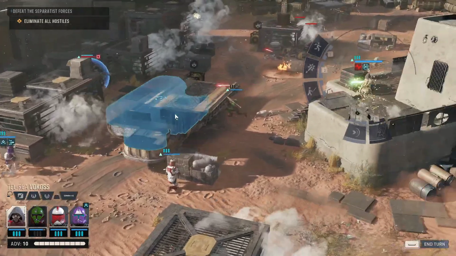 Squad engaging Separatist units on the tactical map with the elimination objective on screen