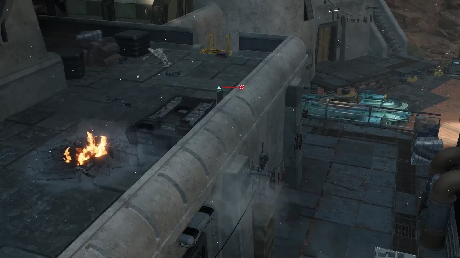 Aiming across an industrial rooftop with a red enemy marker and health bar shown