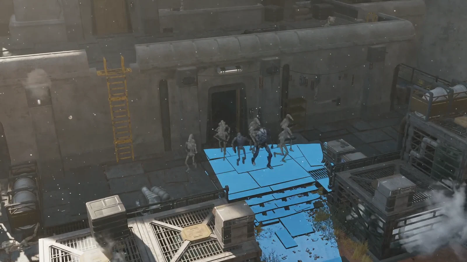 Blue movement tiles plotted beneath grouped operators near an industrial doorway