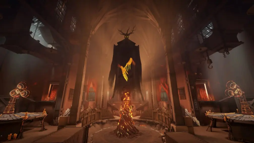 The Hidden King hovering above a bonfire in Deadlock
