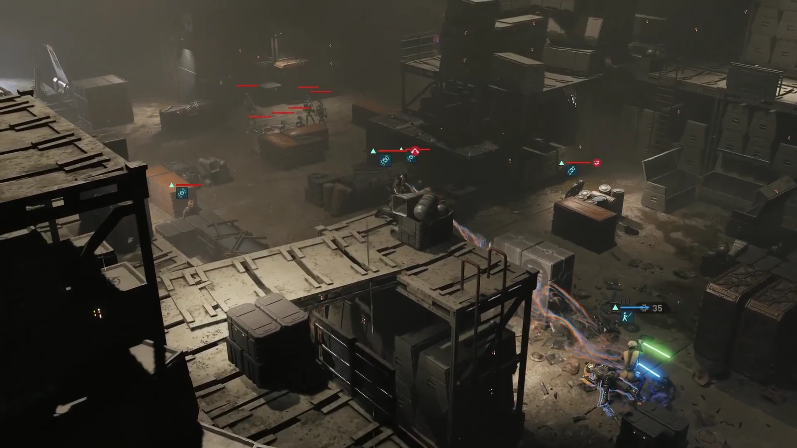 Isometric view of the warehouse fight with the squad trading fire against several red-marked Coil units around cover