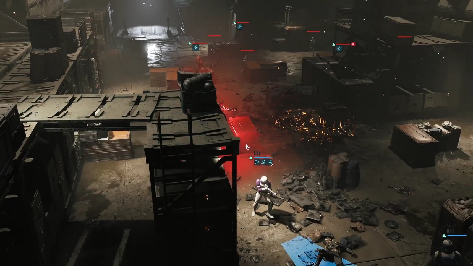 Combat HUD during the final wave as the squad trades fire with the remaining Coil units in the industrial arena