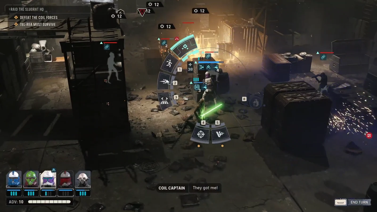 Action menu open on the Coil Captain during Raid the Slugrat HQ while the squad picks a target