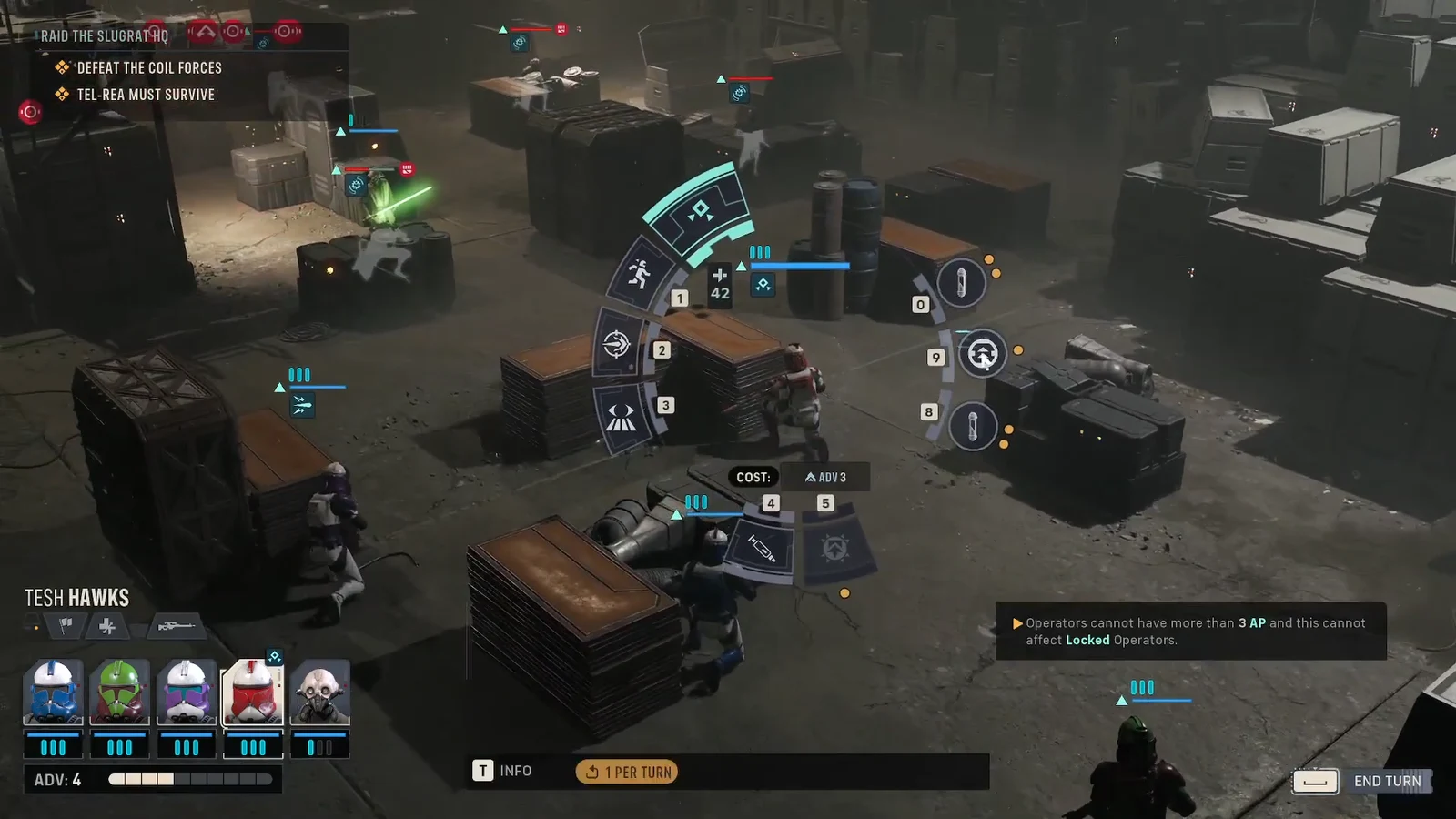 Radial ability menu open in combat, with a 3 AP ability highlighted before the player commits an action