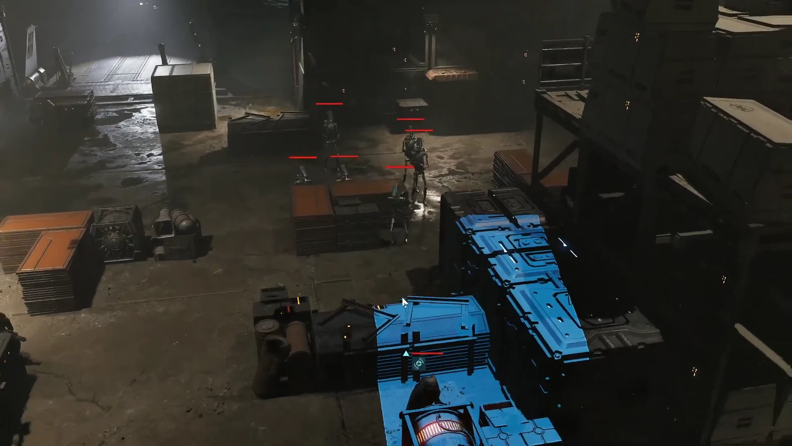 Squad member sheltering behind blue-lit crates as Coil enemies with red health bars close in