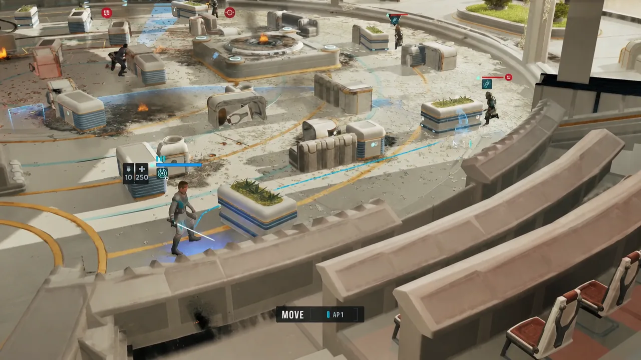 Tactical battlefield with the MOVE action highlighted at a cost of one action point
