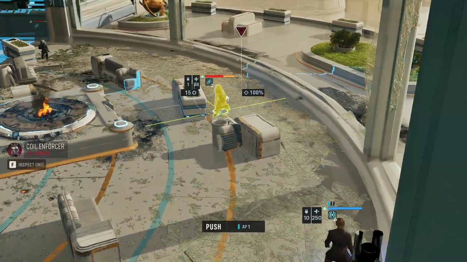 A Coil Enforcer highlighted on the battlefield with the Inspect Unit prompt shown