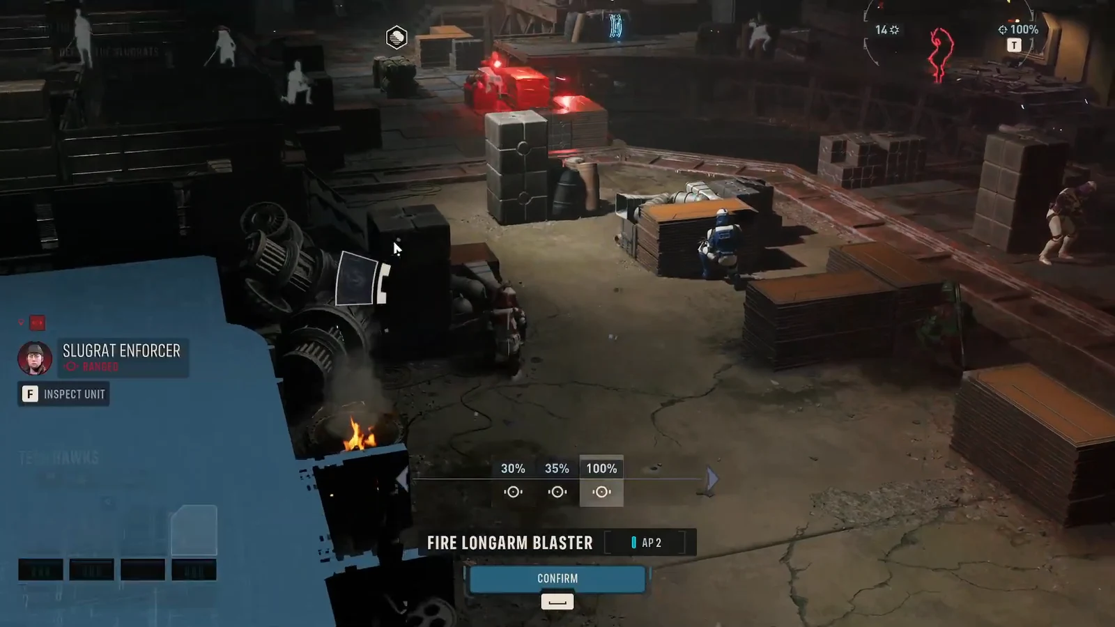 Fire Longarm Blaster selected against a Slugrat Enforcer, showing a cost of AP 2