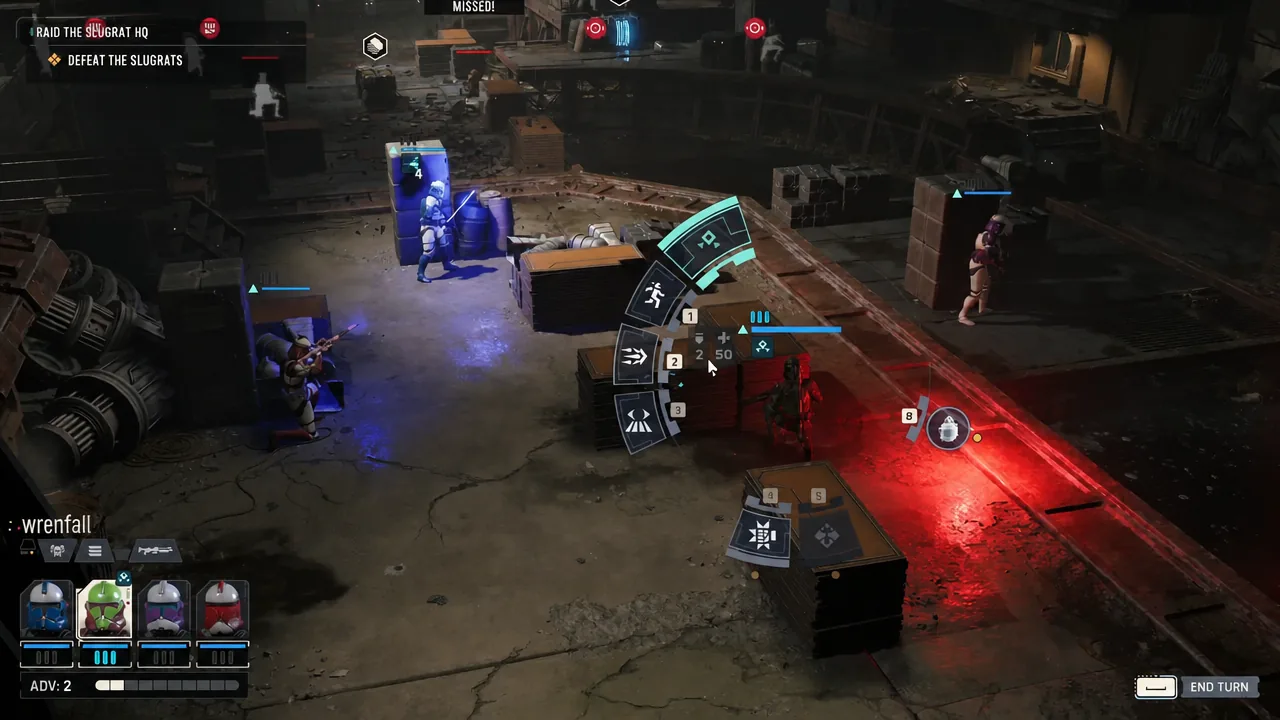 Radial action menu open in combat with a teal ability slot highlighted