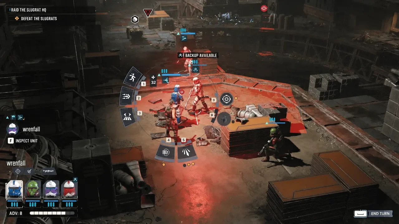Slugrat HQ combat screen with the BACKUP AVAILABLE prompt active during the reinforcement wave