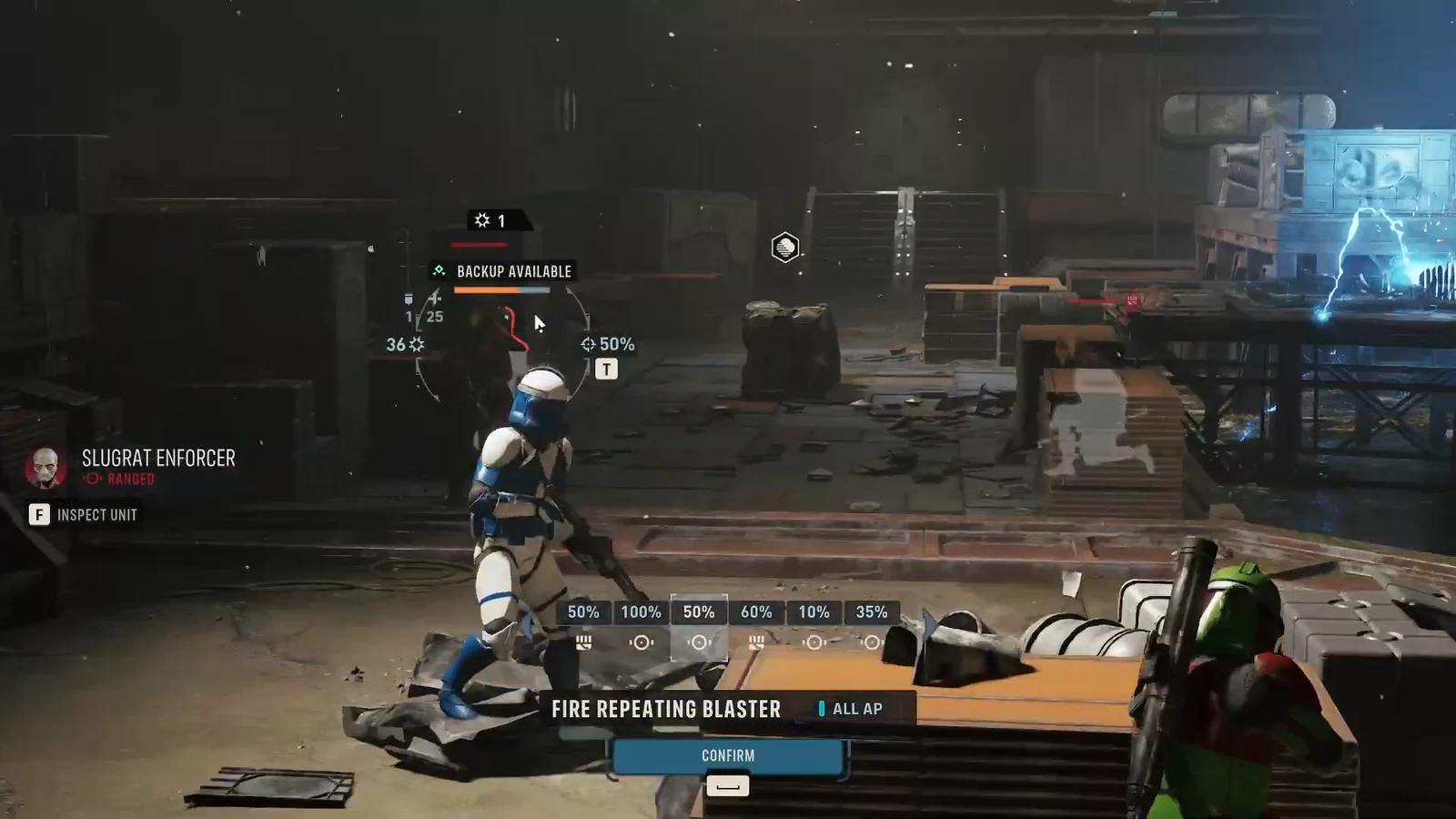 Weapon overlay with Fire Repeating Blaster highlighted and Confirm available