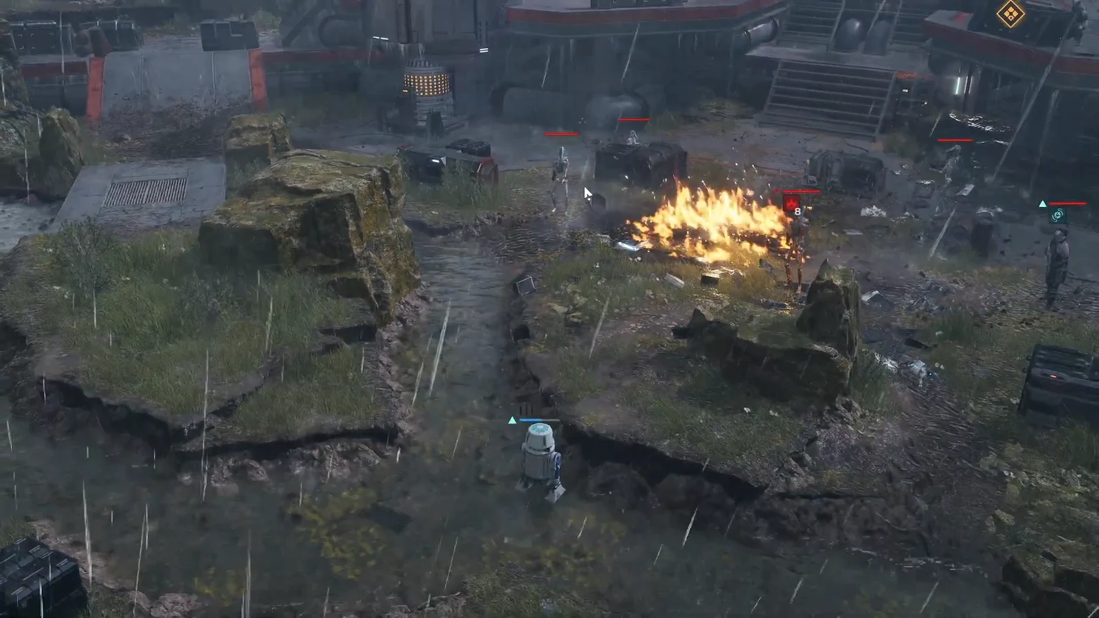 Firefight across a rain-slicked yard with fire burning in the middle of the combat area