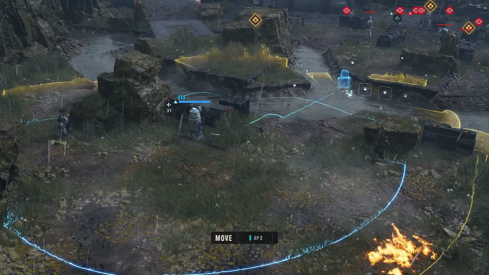 Tactical view with the Move command active, showing an operator's movement range and a 2 AP cost
