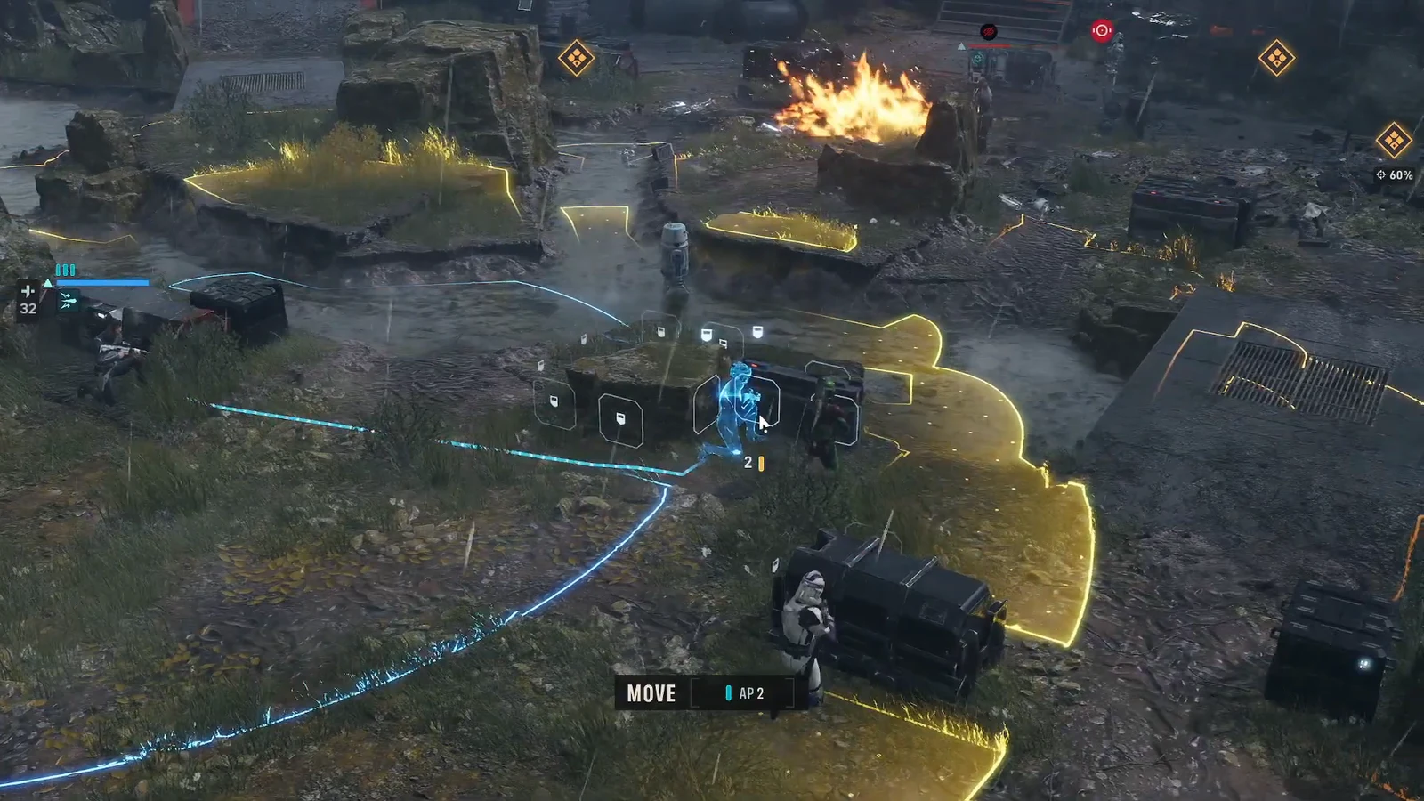 Movement path highlighted through cover for a flanking operator at a two action point cost