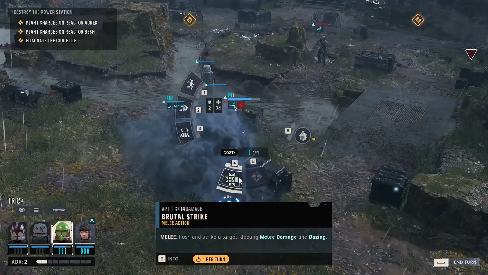 Ability wheel with Brutal Strike selected, showing a 1 AP melee attack and its damage effects