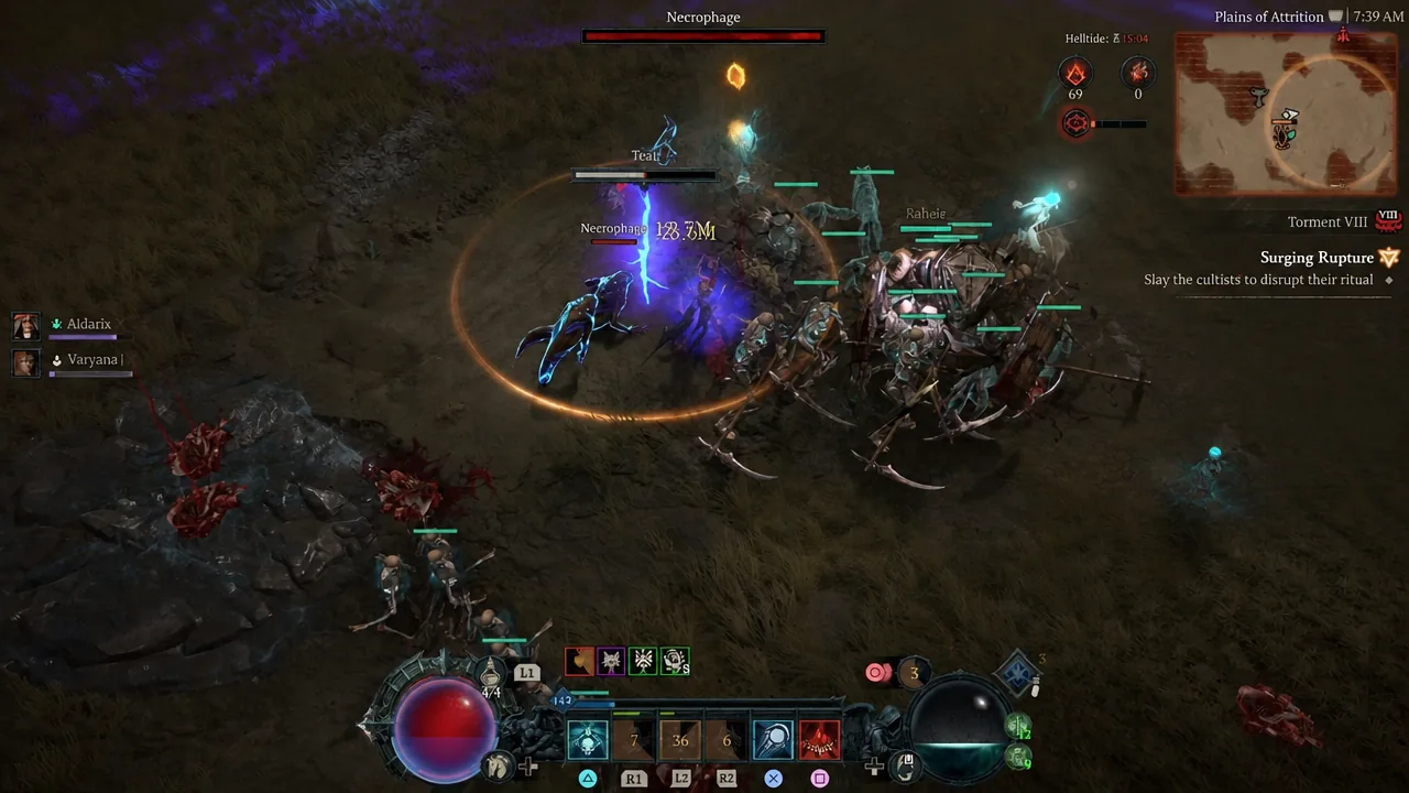 Player and minions fighting cultists to complete a Surging Rupture in Diablo 4