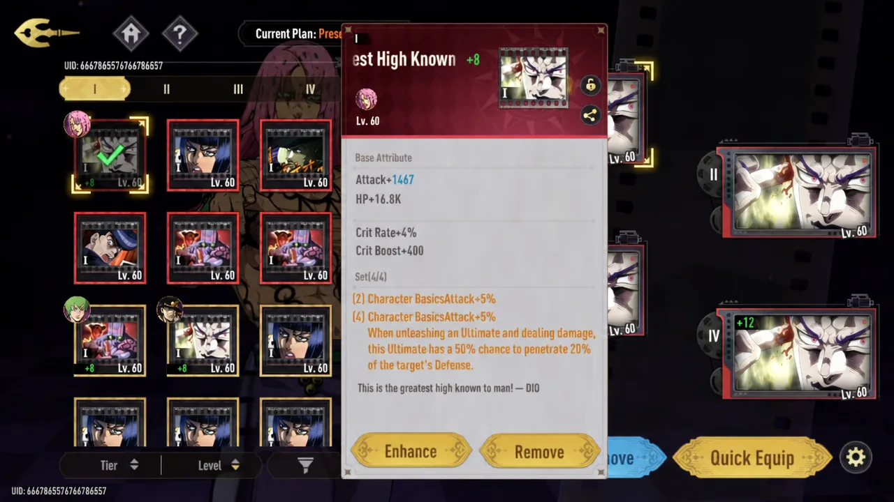 Item details panel for the Greatest High Known card showing its rolled stats and Enhance option