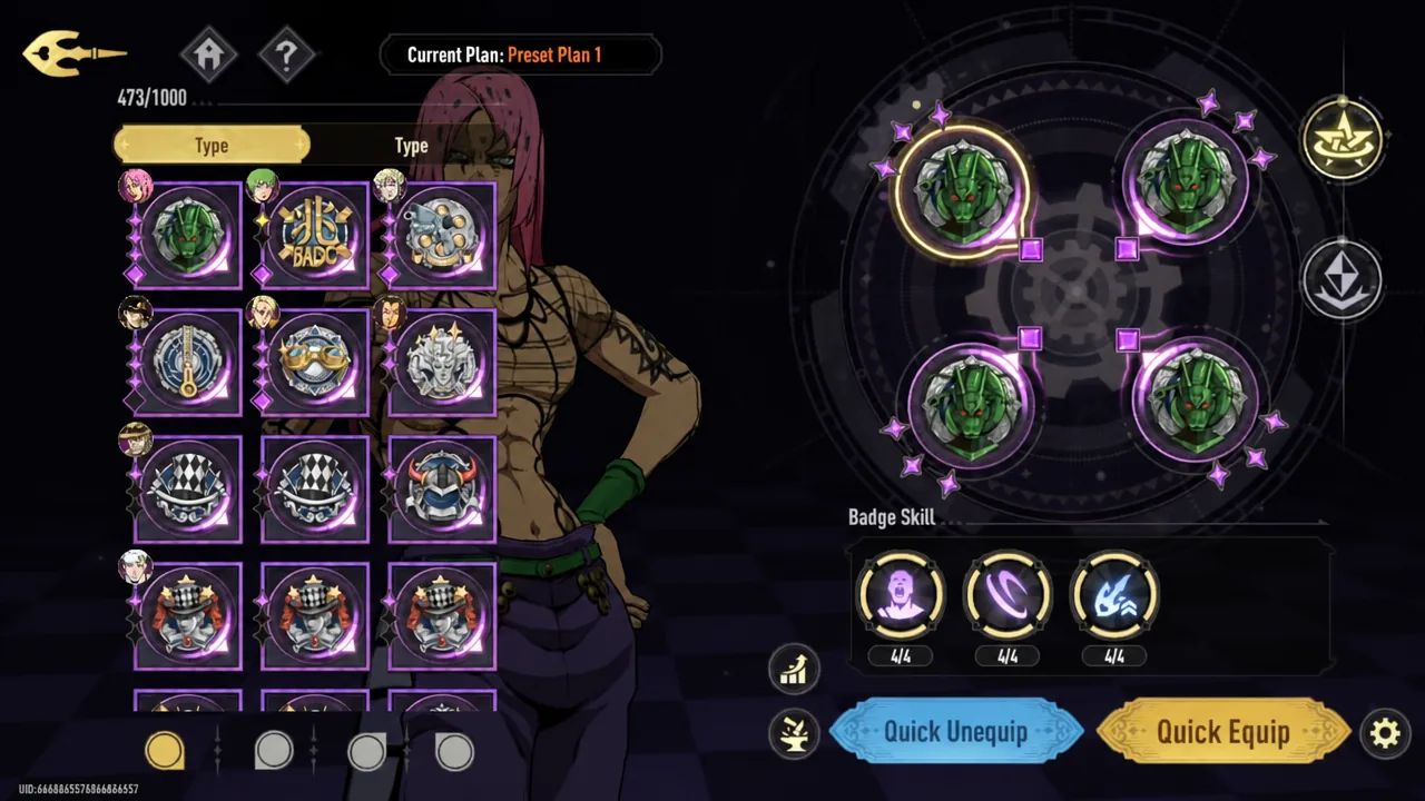 Badge setup screen for Preset Plan 1 with the Quick Equip button available