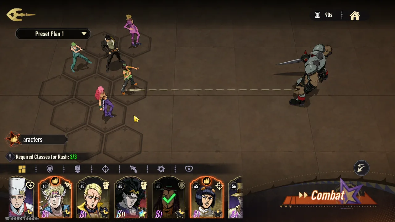 Characters screen with the Combat button highlighted to launch a fight using the saved preset