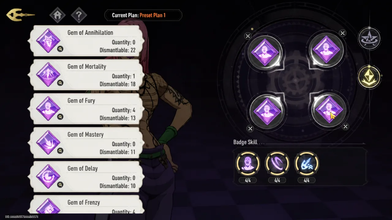 Badge gem slot highlighted in the bottom right of the Preset Plan 1 screen during gem selection