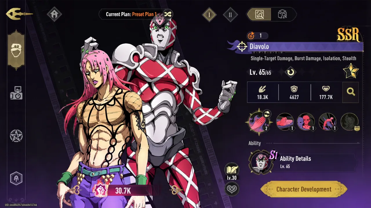 Diavolo's character screen with the Character Development button highlighted for star and ability upgrades