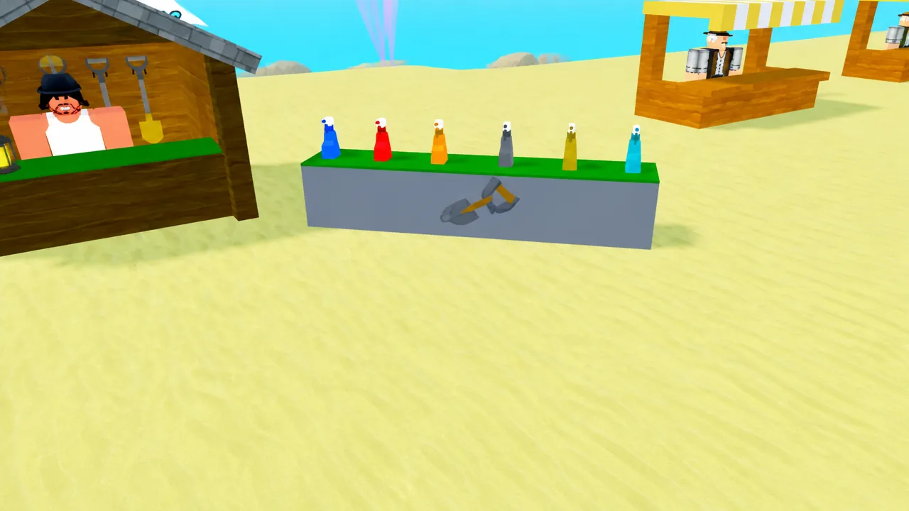 Dig and Clean Sprays displayed as colored bottles on a beach market stall