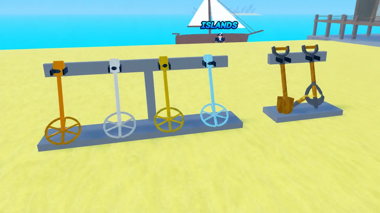 Dig and Clean Detectors on a beachside display near the Islands boat