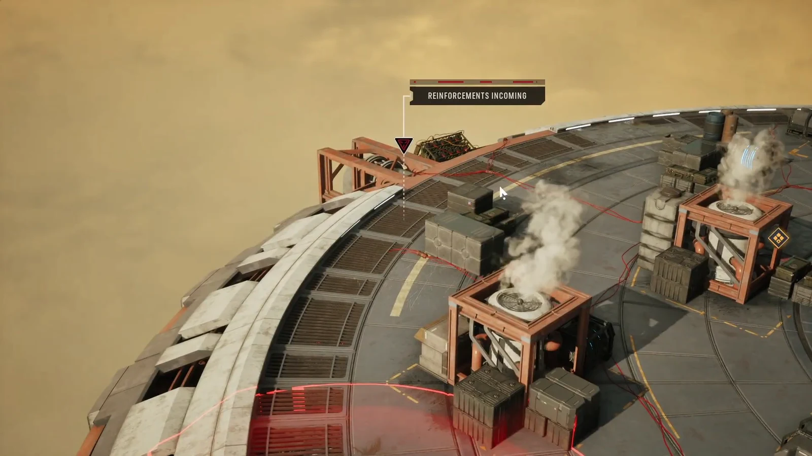Reinforcements Incoming warning on screen as fresh enemy droids arrive on the rooftop platform