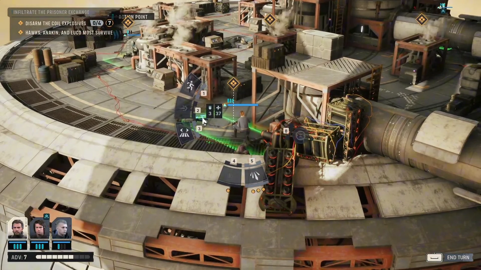 Action menu open on the Infiltrate the Prisoner Exchange platform with a green movement path drawn to cover