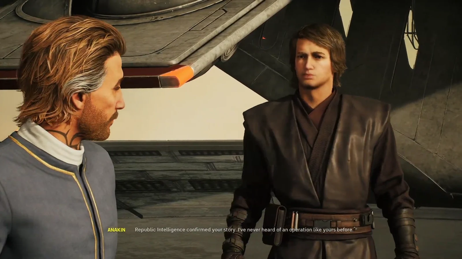 Cutscene dialogue between Anakin and a Jedi character with subtitles at the bottom of the screen