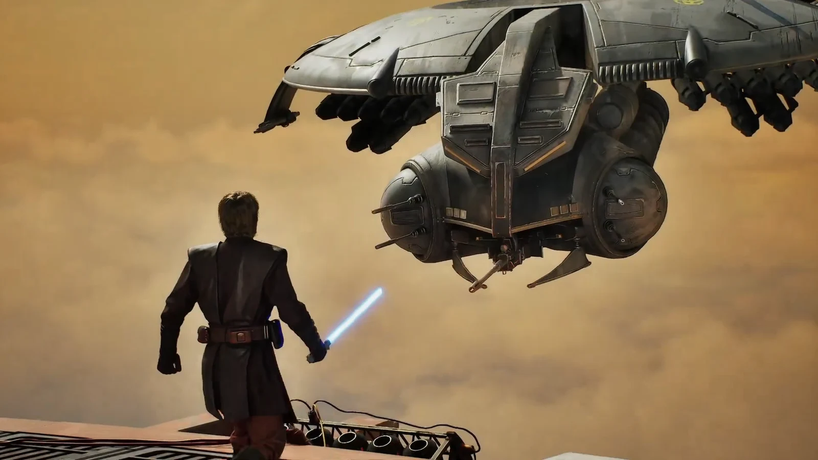 Anakin Skywalker leaping onto the HMP Droid Gunship during the post-battle cutscene
