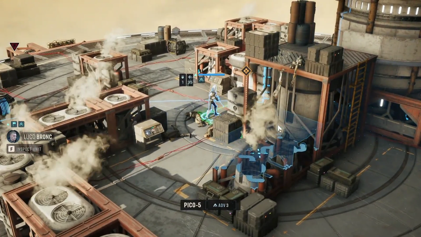 Luco Bronc selected in tactical view with the Pico-5 ability highlighted beside downed enemy droids