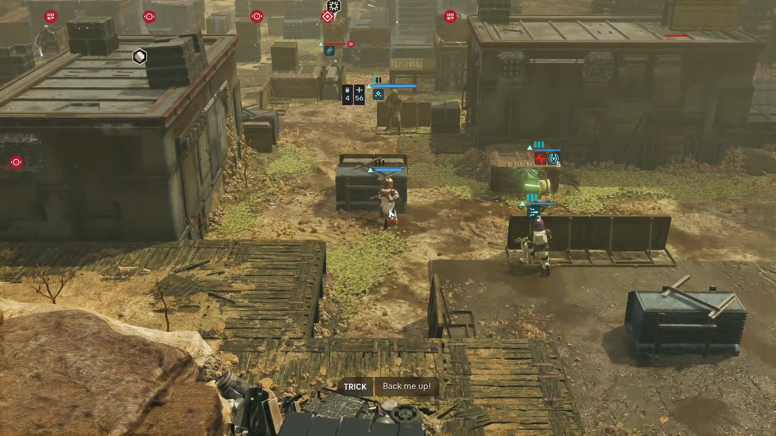 The TRICK: Back me up! prompt on screen while operators hold cover behind crates