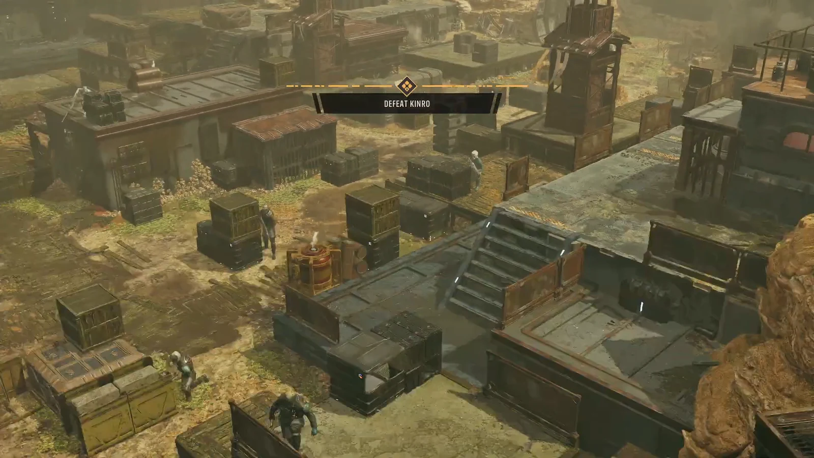 Combat begins on Florrum with the DEFEAT KINRO objective banner shown over a yard full of crates