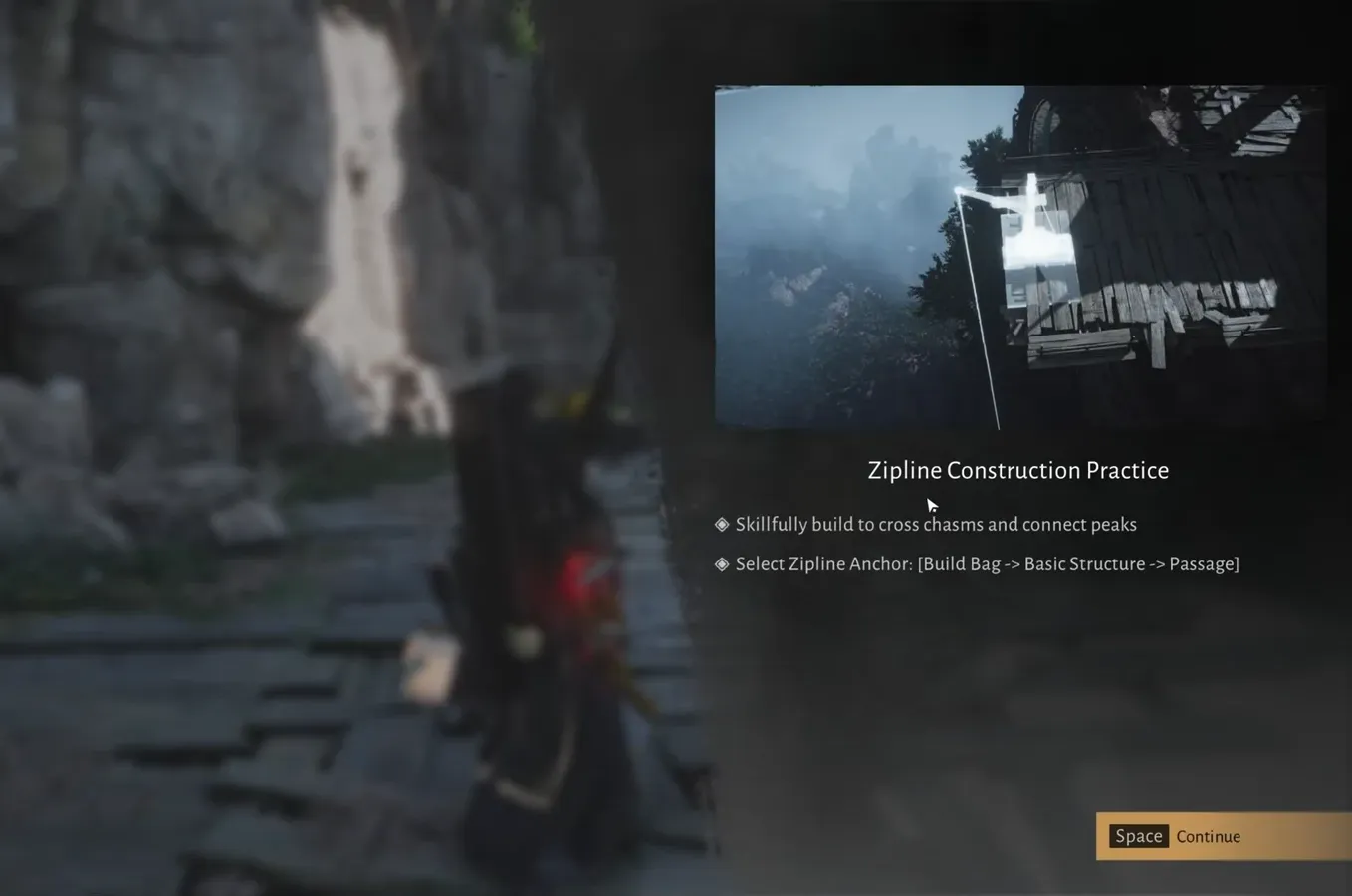 Zipline Construction Practice tutorial showing Zipline Anchor path in the Build Bag menu