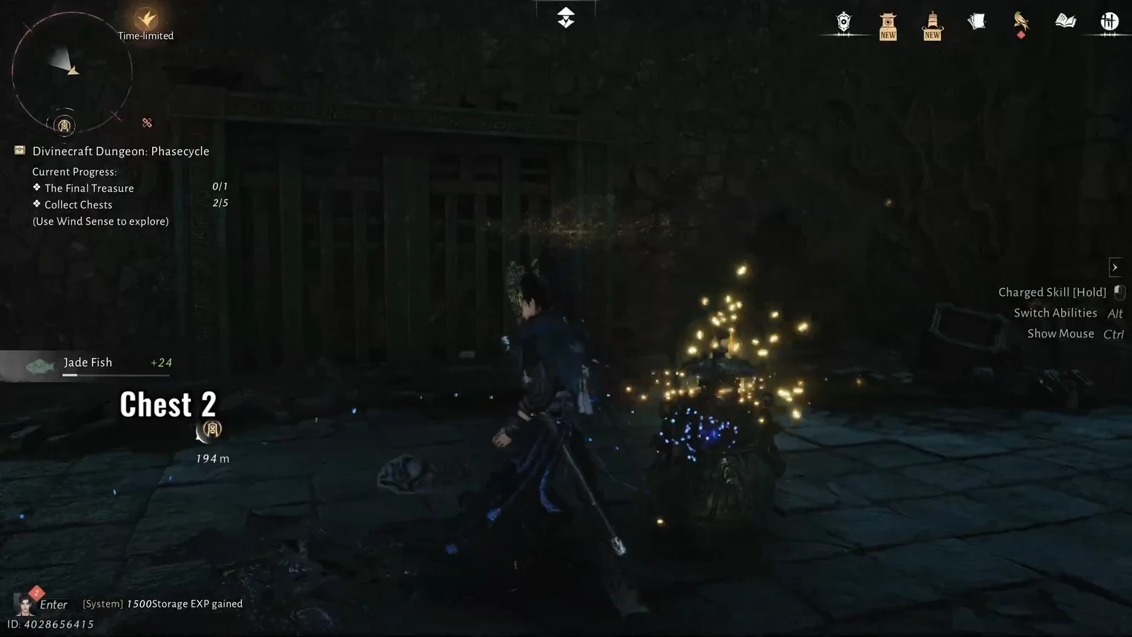 Objective marker pointing to Chest 2 roughly 194 meters away in the dungeon