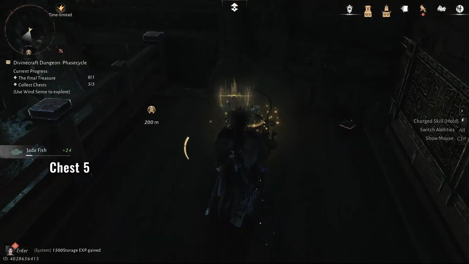 Chest 5 collected as the player moves 200 meters toward the final treasure marker