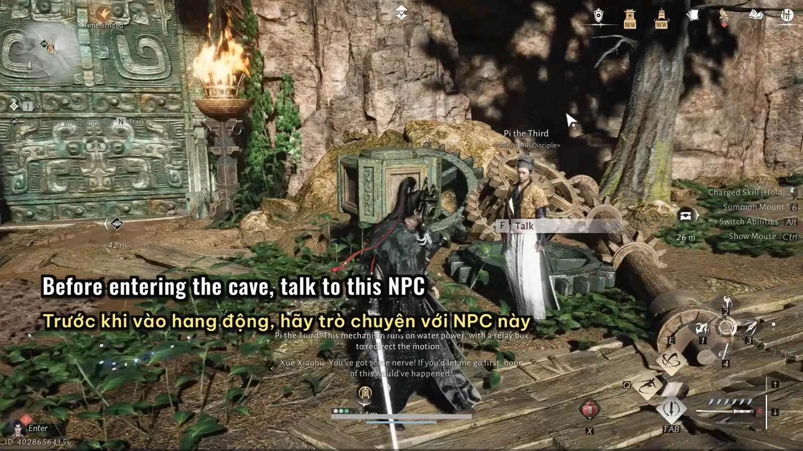 Pi the Third dialogue with the F Talk prompt highlighted outside the cave entrance
