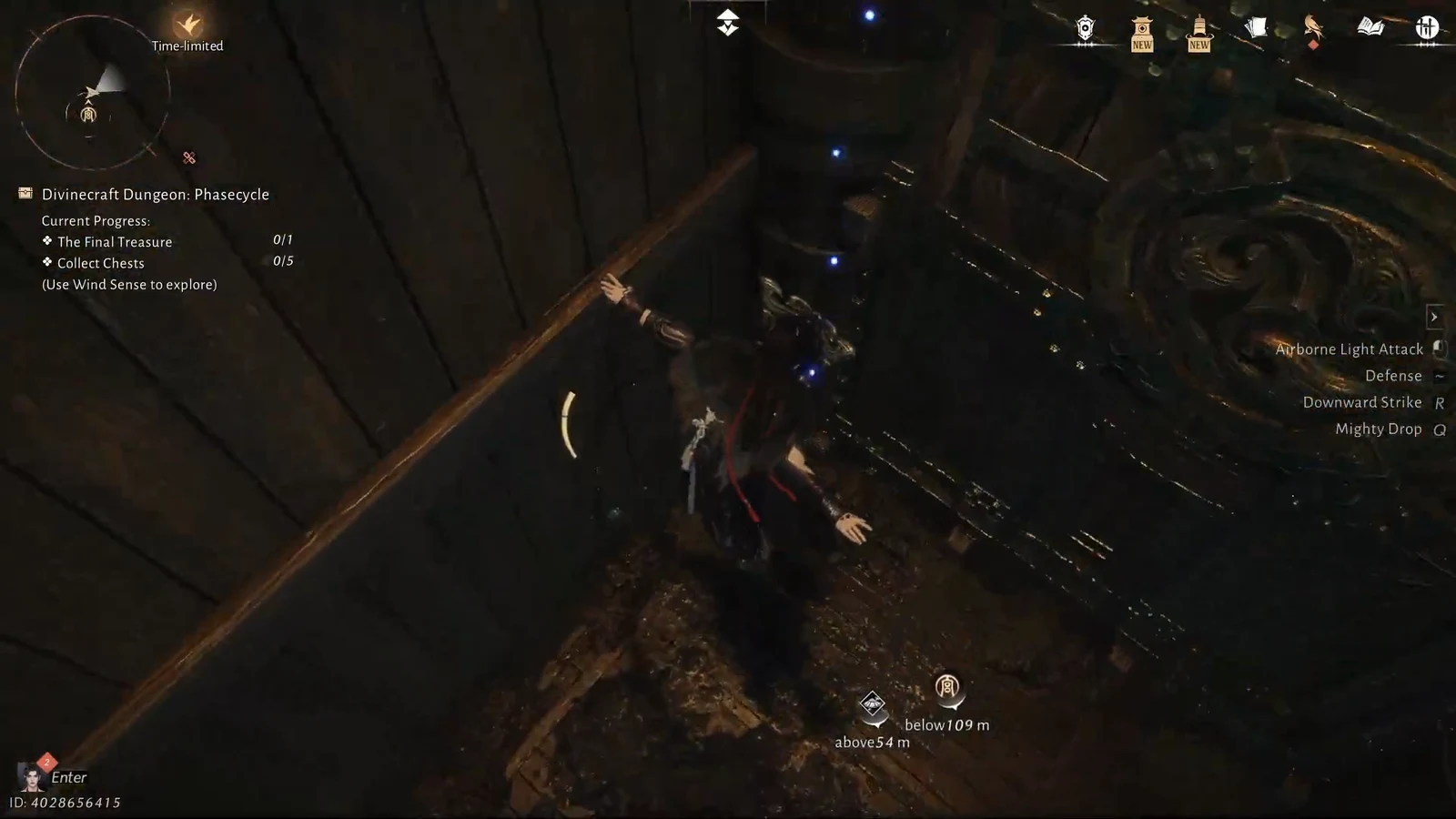 Character airborne in a dark dungeon chamber with the Airborne Light Attack option shown